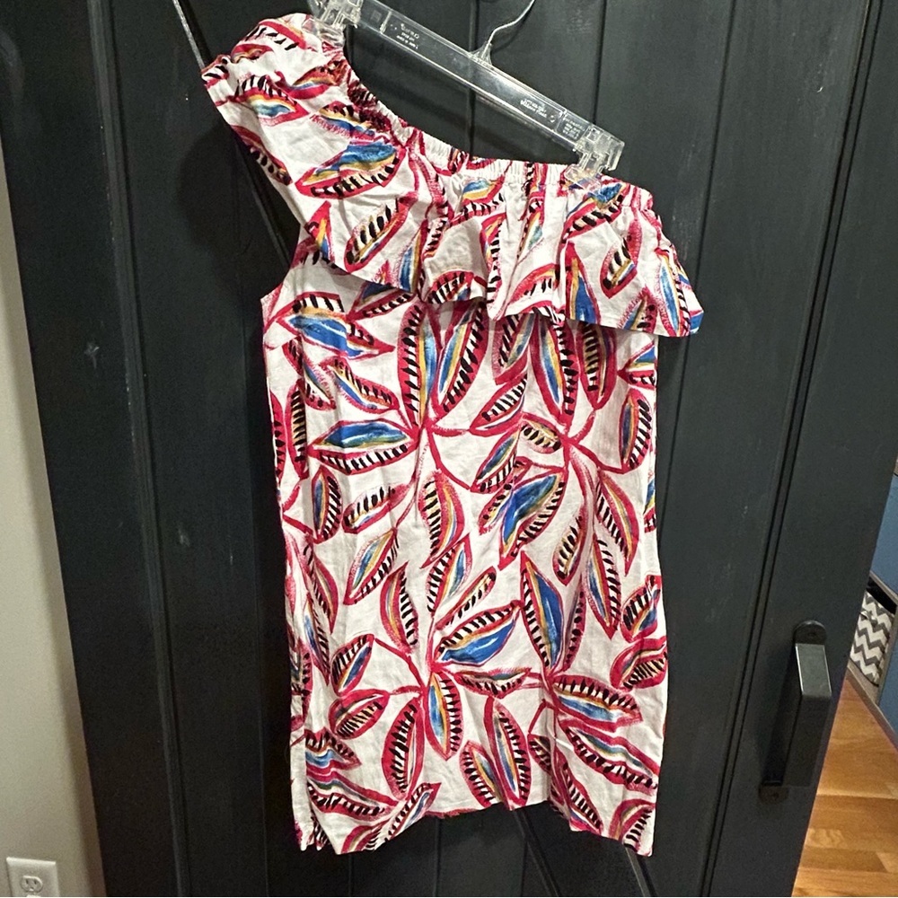J.Crew One Shoulder Ruffle Shift Dress Floral Linen Cotton Vacation Small